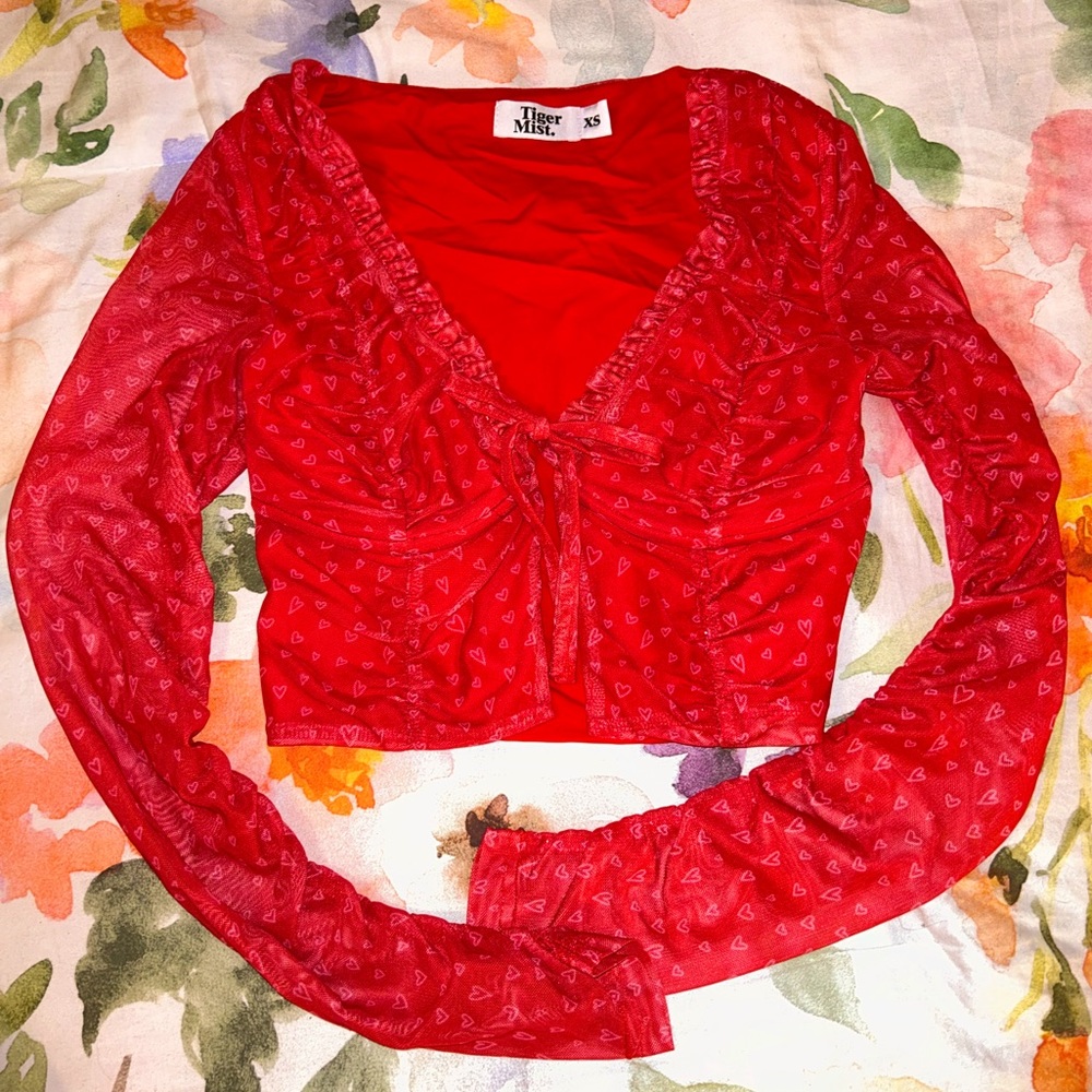Lace up red w/ pink hearts cropped long sleeve top